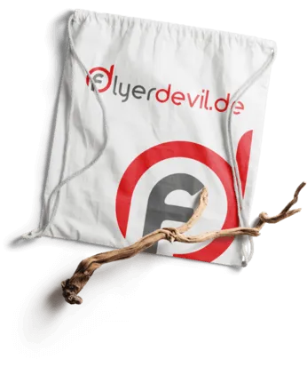 Weißer flyerdevil Turnbeutel mit Logo und Holzast